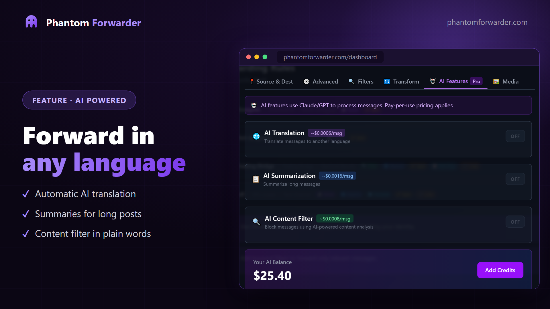 AI translation, summaries and content filtering — Phantom Forwarder