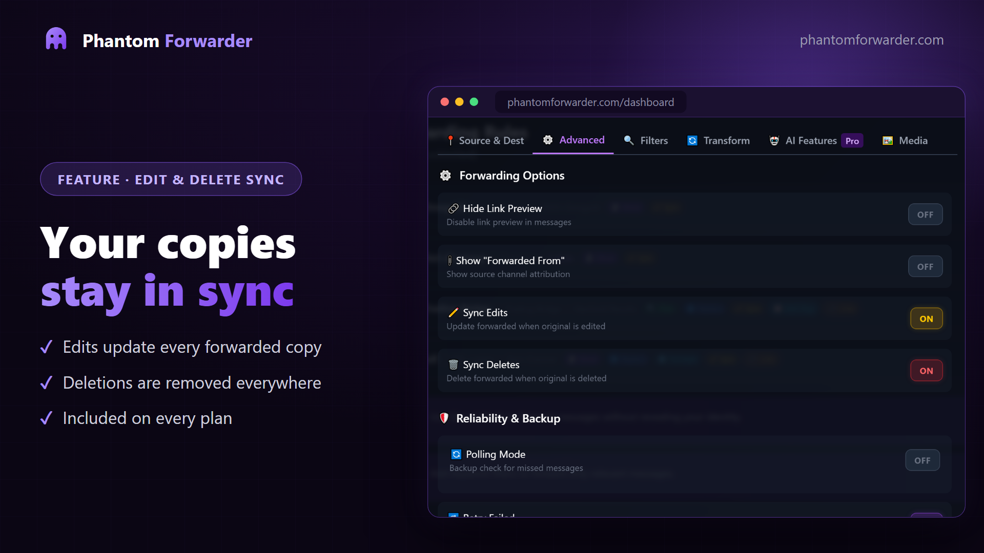 Edit and delete sync — copies stay accurate — Phantom Forwarder