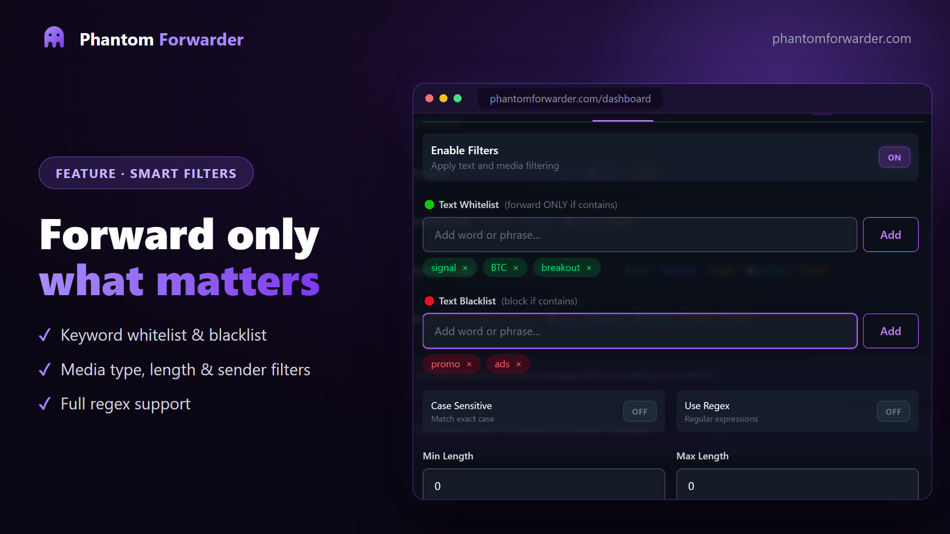 Smart filters — forward only what matters — Phantom Forwarder