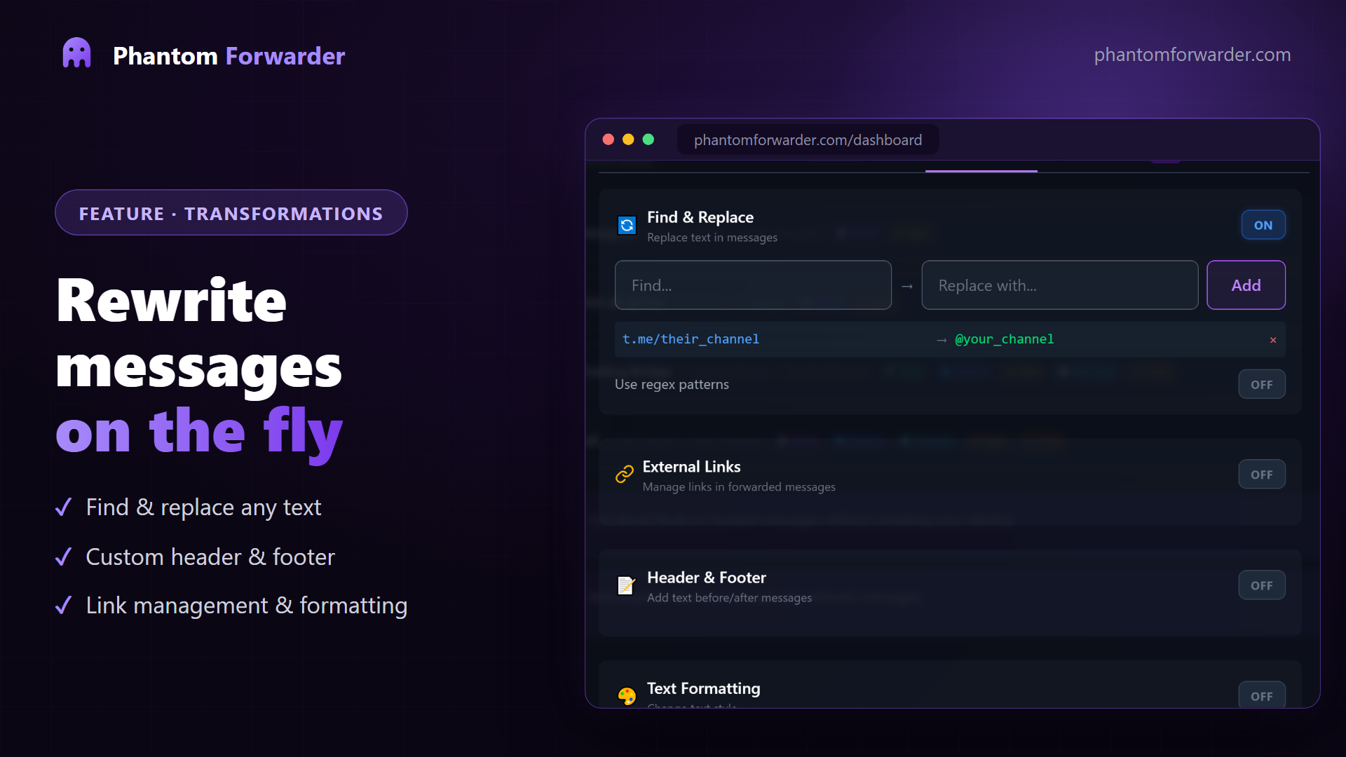 Transformations — rewrite messages on the fly — Phantom Forwarder